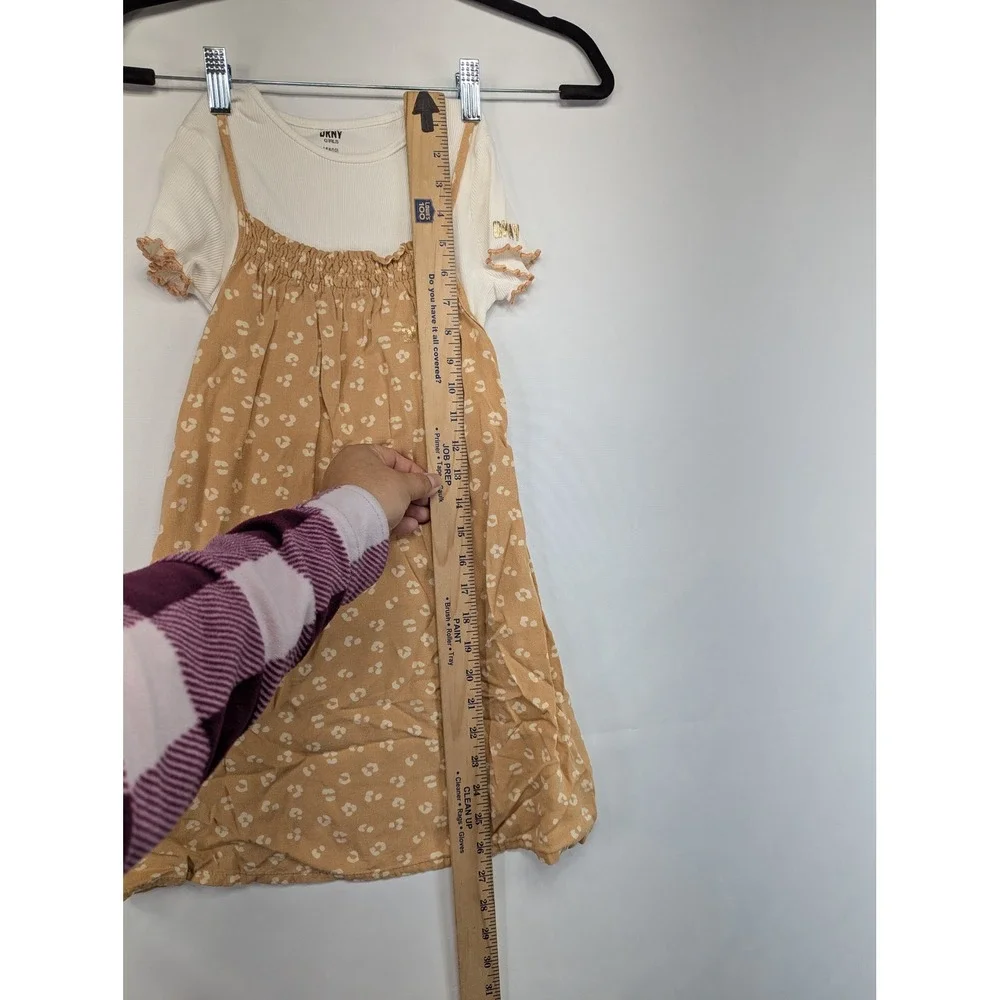 DKNY Girls 2 Piece Outfit Set White Ribbed Tee Tan Floral Print Dress Set M 8 10